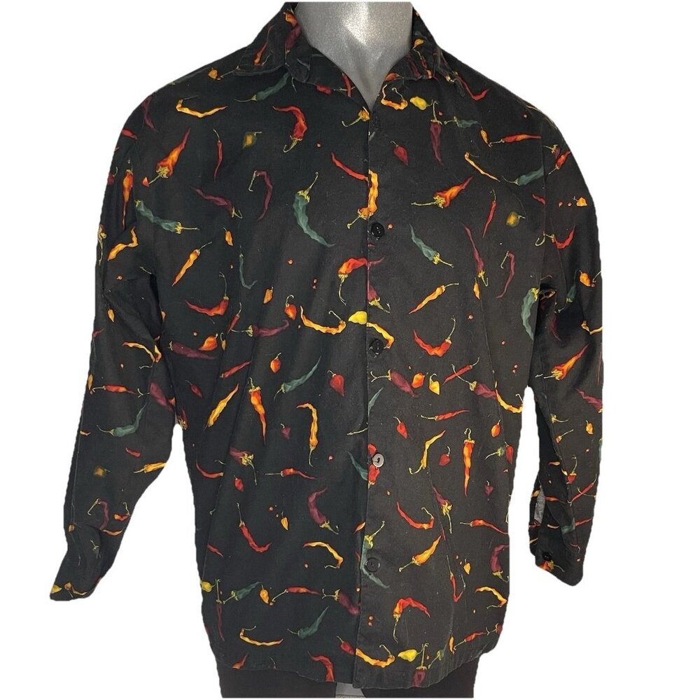 Men's sz M Chile Print Red Green Button Down Shirt Top Long Sleeve Southwest